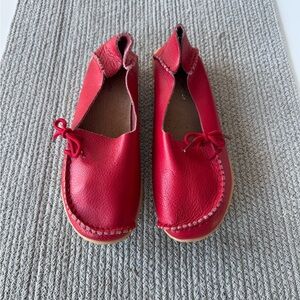 Mordenmiss Bright Cherry Red Leather Mocs Loafers with Tie Size 39